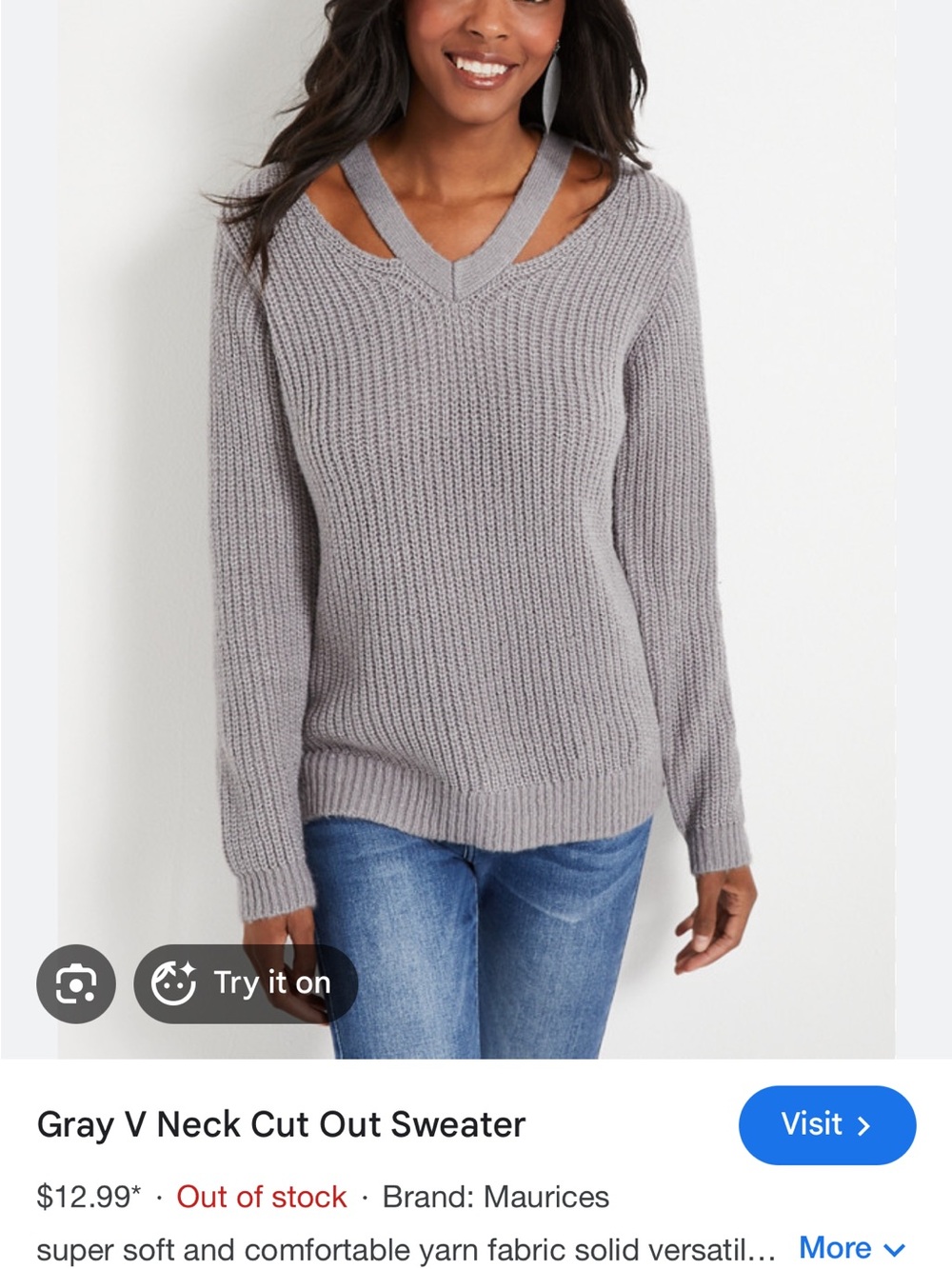 Maurices Slate Ribbed V-Neck Pullover Sweater